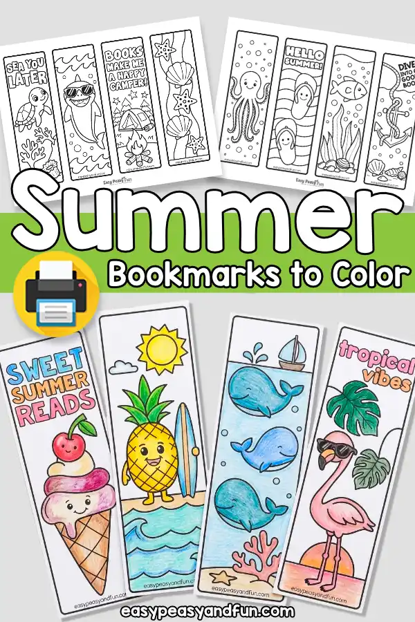 Printable summer bookmarks for kids to color with different summer topics such as ocean animals, deserts, camping, and summer puns.