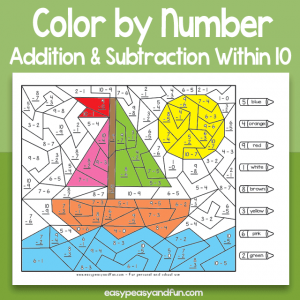 Color by Number Addition and Subtraction Within 10 Worksheets
