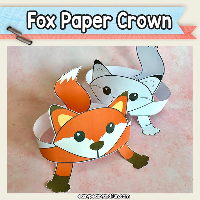 Printable fox paper crown (paper hats) pre colored and black and white templates for kids to get crafty with.