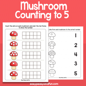 Muschroom Counting to 5 Worksheets for Preschool and Kindergarten