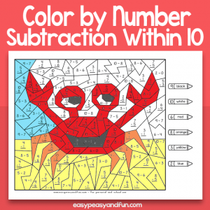 Summer Color by Number Subtraction Within 10 Worksheets