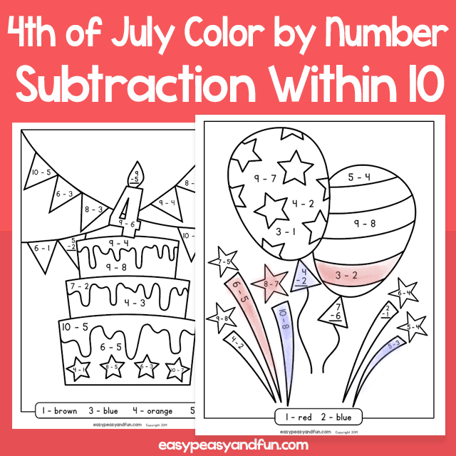 4th of July Color by Number Subtraction within 10 for Kids