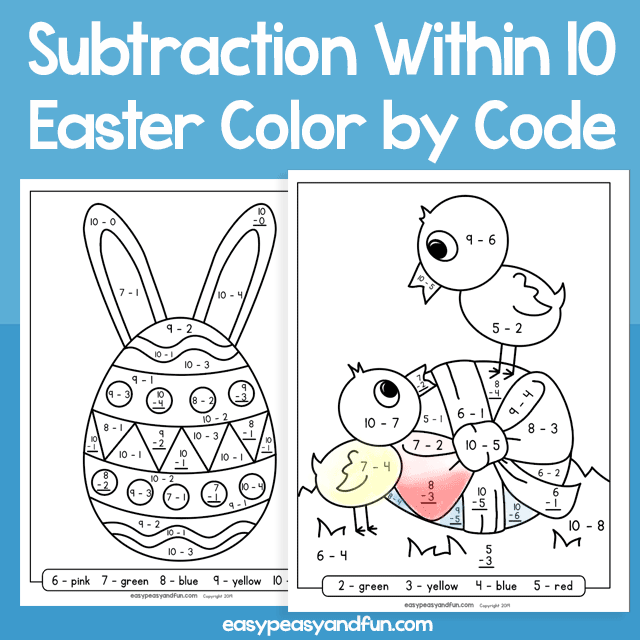 Easter Color by Code Subtraction within 10 for Kids