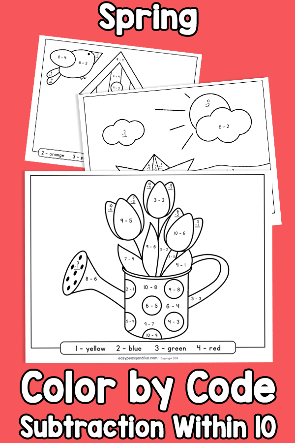 Spring Color by Code Subtraction Within 10 Worksheets