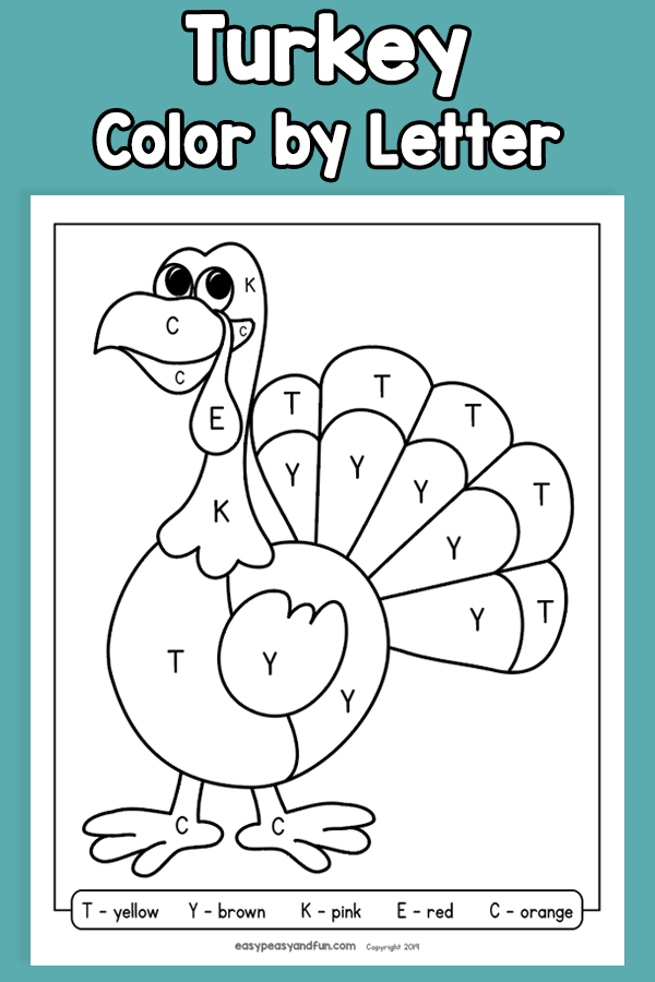 Turkey Color by Letter Worksheet for preschool