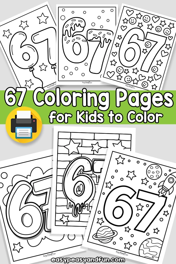 Collage of six printable number 67 coloring pages with stars, smiley faces, planets, and rockets.
