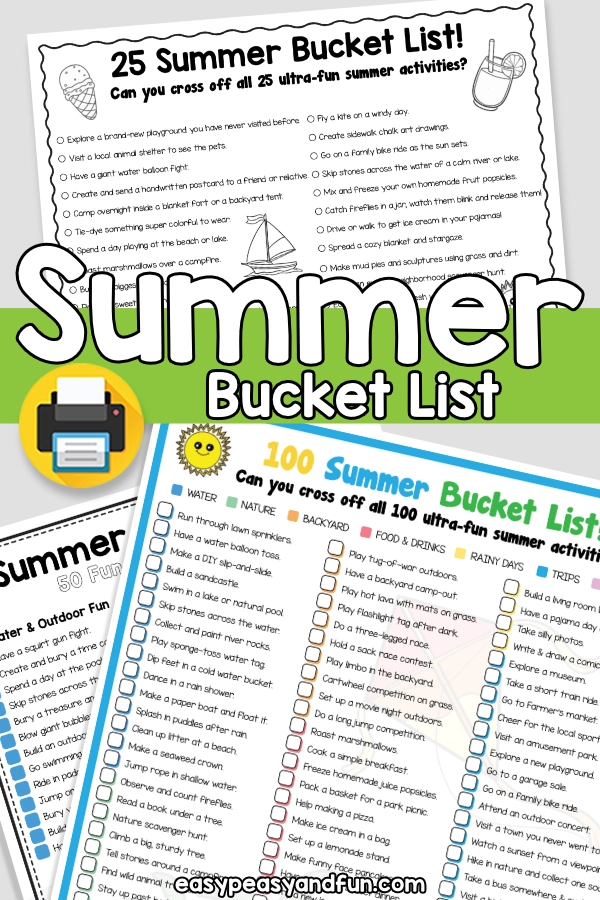 Three different printable summer bucket lists for kids.