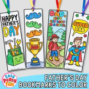 Four colored Father's Day bookmarks with ribbons featuring a happy toolbox, smiley mustaches with DAD trophy, a hiking dad, and a superhero Super Dad.