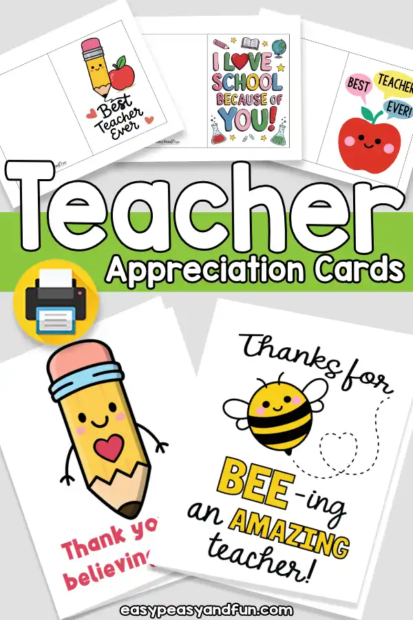 Printable teacher appreciation cards featuring cute images and captions.