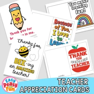 Appreciation cards for teachers featuring cute pencil, bee, apple and rainbow designs with captions praising teachers.