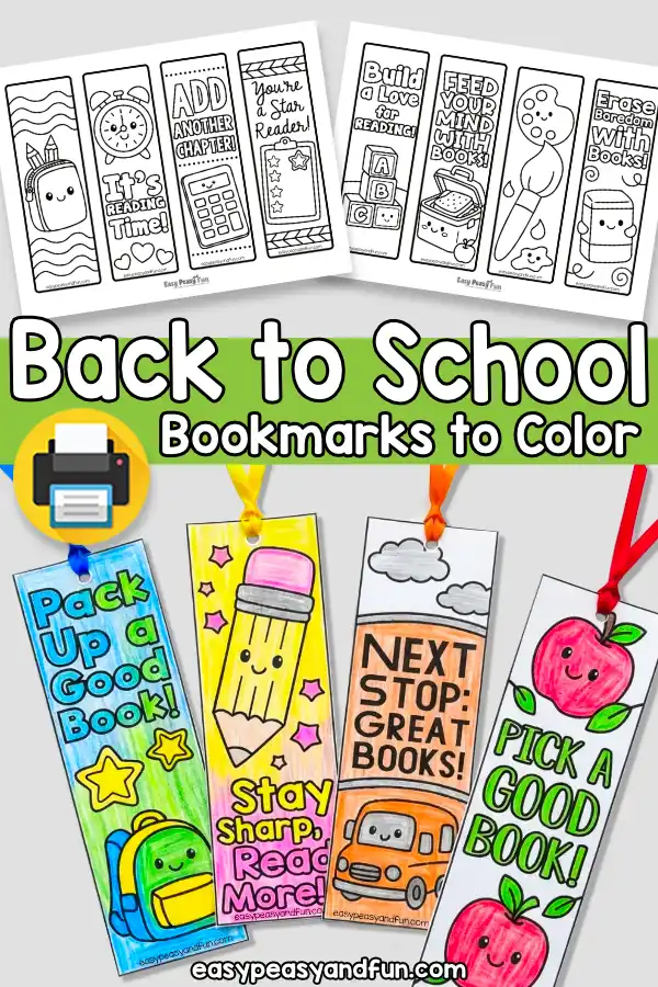 A promotional image showing two printable sheets of black-and-white coloring bookmarks at the top and four finished, colored bookmarks with ribbons at the bottom, centered around the title text.