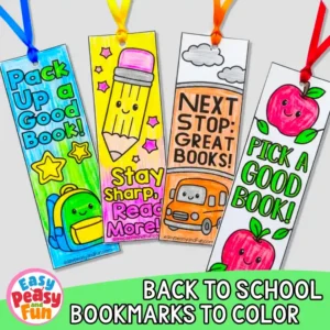 Four colored back-to-school paper bookmarks with ribbons, featuring a blue backpack with text, a smiling yellow pencil, an orange school bus, and two red apples, displayed above bold promotional text.