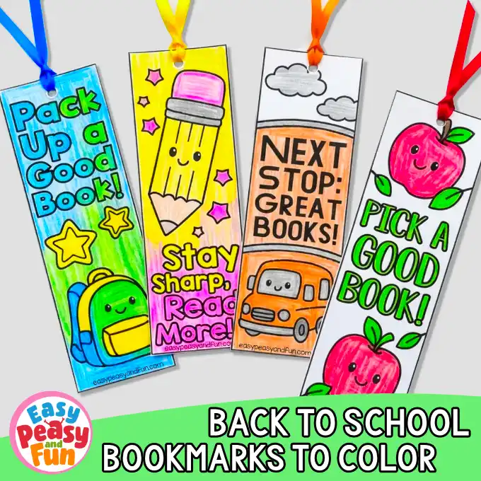 Four colored back-to-school paper bookmarks with ribbons, featuring a blue backpack with text, a smiling yellow pencil, an orange school bus, and two red apples, displayed above bold promotional text.