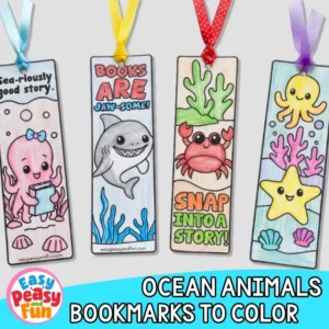 Four vertical bookmarks featuring colorful illustrations of an octopus with a book, a shark, a crab, and a starfish, each topped with a colorful ribbon.