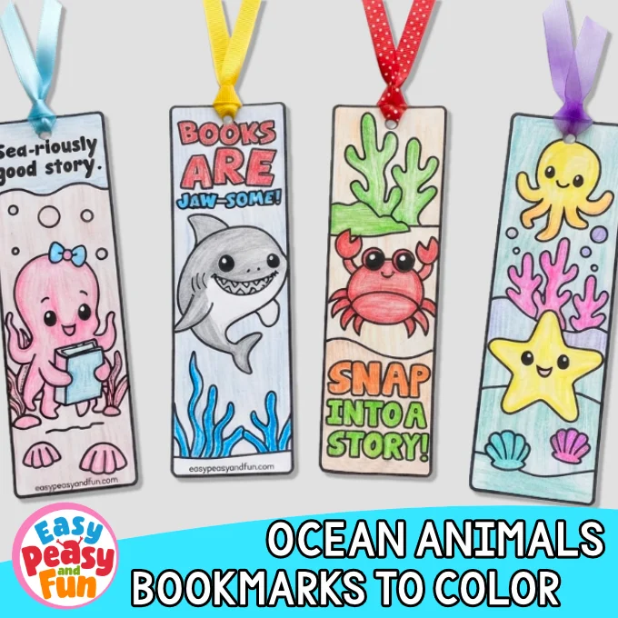 Four vertical bookmarks featuring colorful illustrations of an octopus with a book, a shark, a crab, and a starfish, each topped with a colorful ribbon.