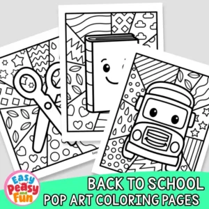 Back to school pop art coloring pages featuring a pair of scissors, a book, and a school bus.