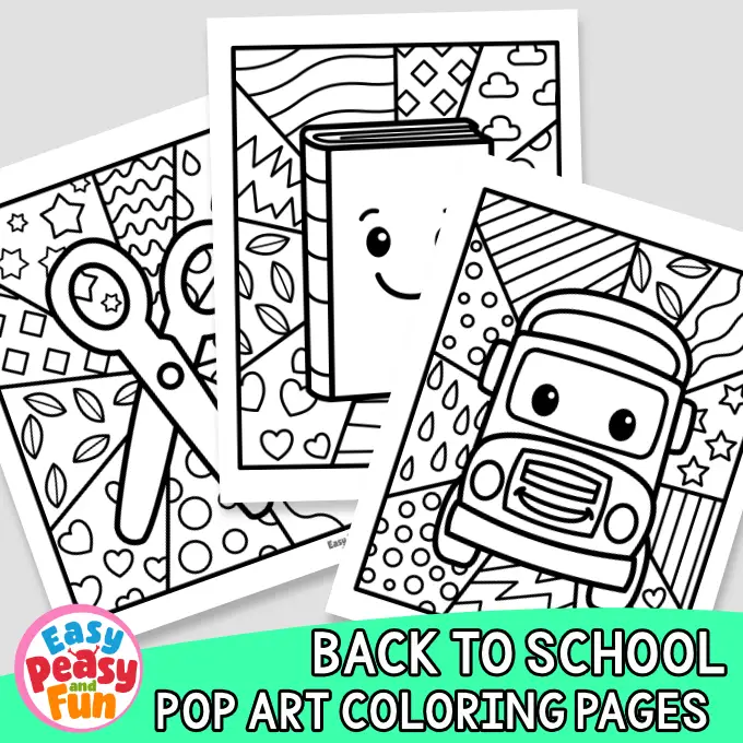 Back to school pop art coloring pages featuring a pair of scissors, a book, and a school bus.