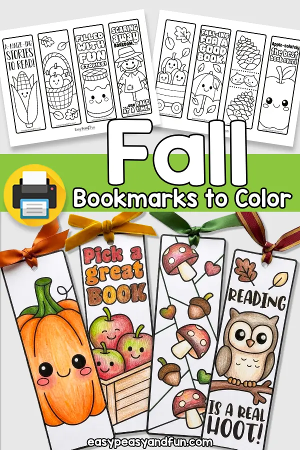 A collage showing uncolored bookmark sheets and four colored bookmarks with a pumpkin, apples, mushrooms, and an owl.