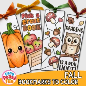Four colored paper bookmarks showing a pumpkin, apples in a crate, forest mushrooms, and an owl on a branch.