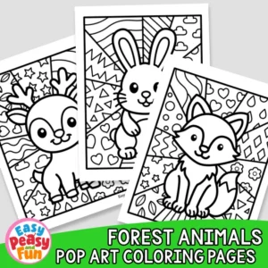 Three overlapping black and white pop art coloring pages featuring a deer, a rabbit, and a fox.