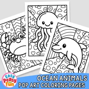 Collage of three black and white coloring pages showing a crab, a jellyfish, and a dolphin against patterned pop art backgrounds, with a logo and text reading Ocean Animals Pop Art Coloring Pages.