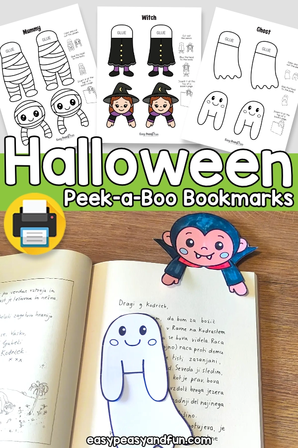 A colored vampire bookmark and a white ghost bookmark template, with printable mummy, witch, and ghost templates displayed at the top.