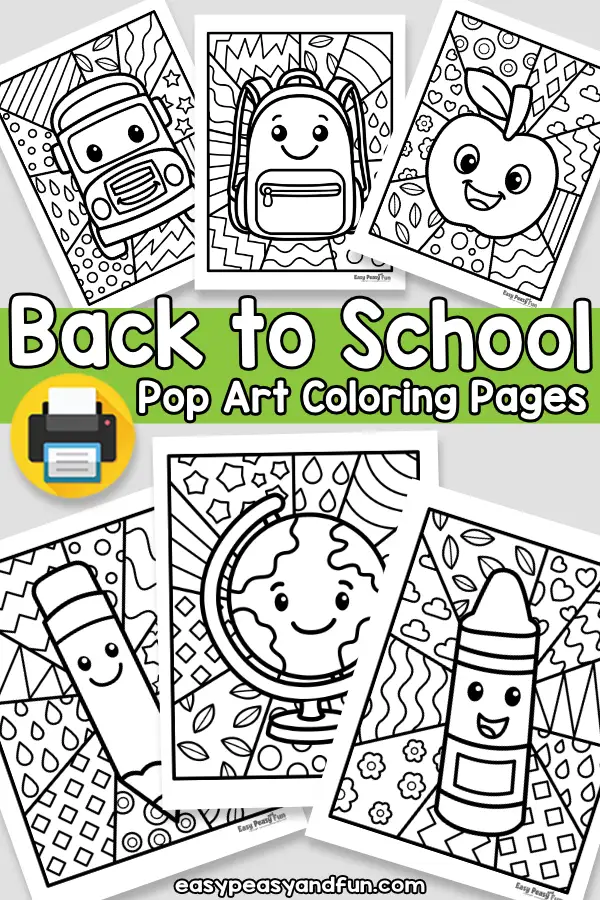 Back to school pop art coloring pages featuring a school bus, backpack, apple, pencil, world globe, and crayon.