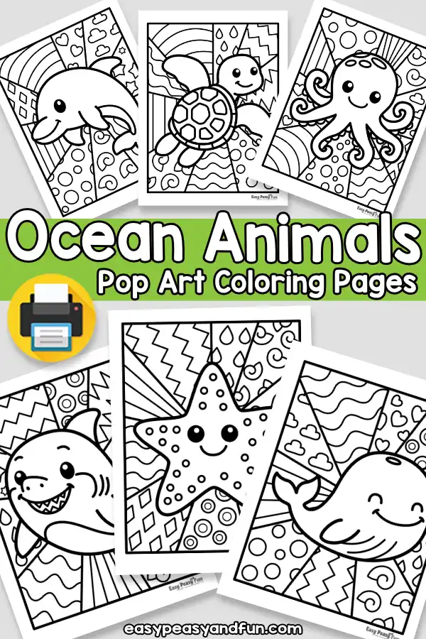 Collage of six black and white ocean animal pop art coloring pages featuring a dolphin, sea turtle, octopus, shark, starfish, and whale, with text reading Ocean Animals Pop Art Coloring Pages.