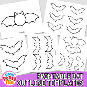 Several paper sheets featuring different black-and-white bat outlines are arranged around a green banner that reads "Bat Outline Templates".