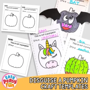 Printable craft worksheets with blank pumpkin templates and completed examples decorated as a bat, unicorn, and cactus.