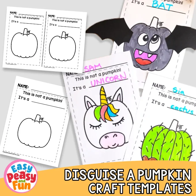 Printable craft worksheets with blank pumpkin templates and completed examples decorated as a bat, unicorn, and cactus.