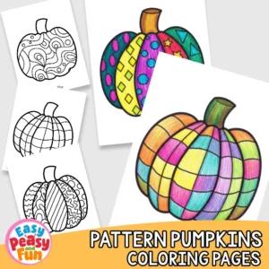 A collage showing black-and-white pumpkin coloring pages alongside two colorful, finished versions colored with markers.