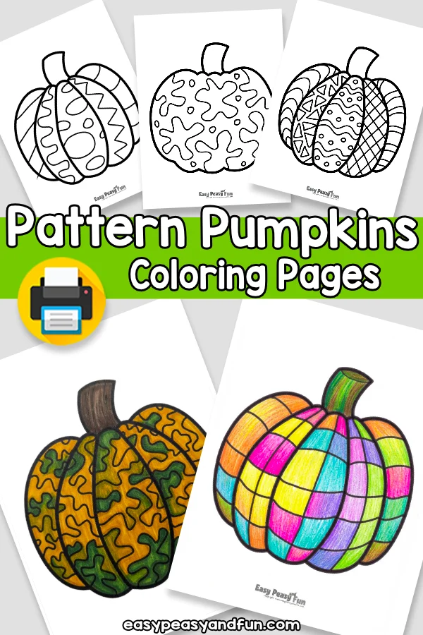 A collection of printable pattern pumpkin coloring sheets with two fully colored examples at the bottom.