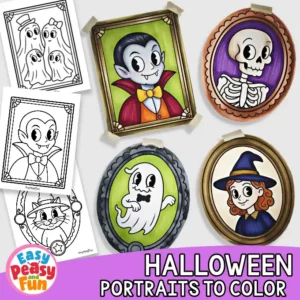 Collage featuring black-and-white coloring pages alongside finished, colored Halloween portraits.