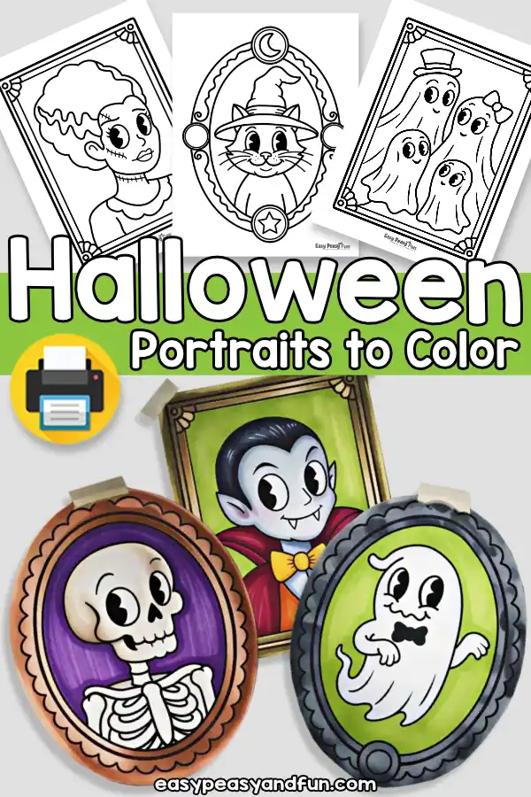 Promotional image with uncolored portrait sheets above finished, colored Halloween characters.