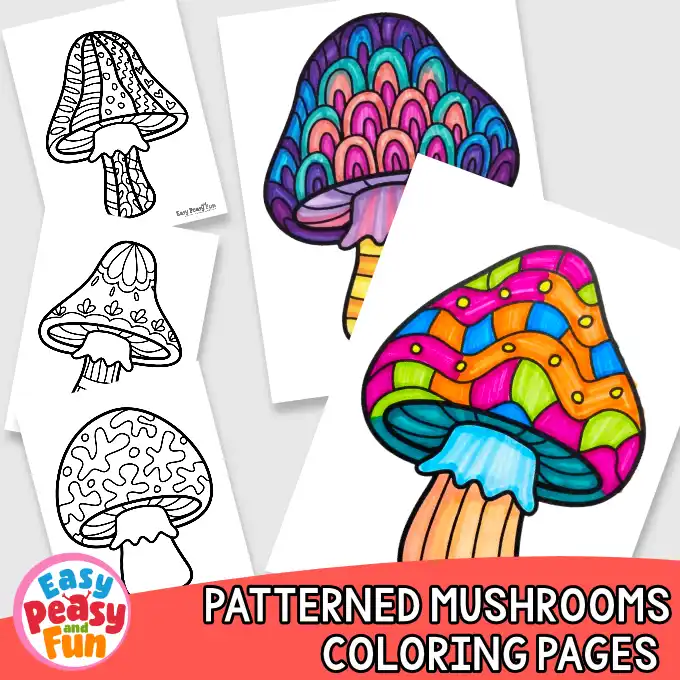 A preview image showcasing multiple pattern mushroom sheets, featuring three black-and-white outlines and two brightly colored finished designs.