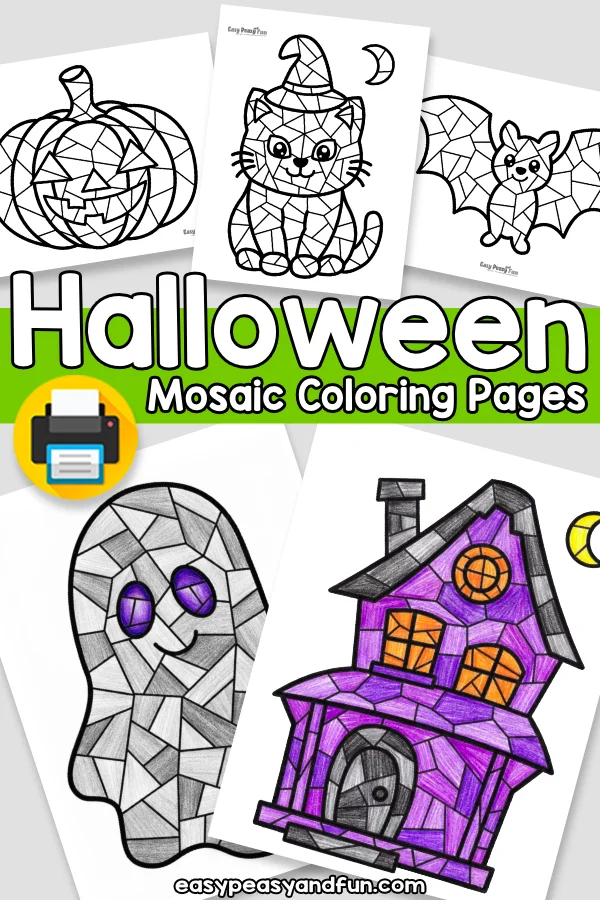 Several mosaic coloring pages like a pumpkin, cat in a witch hat, bat, colored ghost, and a purple haunted house.