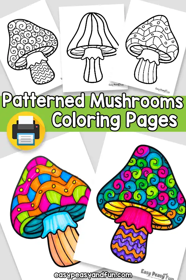 A promotional graphic with the title "Pattern Mushrooms Coloring Pages" surrounded by five sample sheets displaying line art and colored versions.
