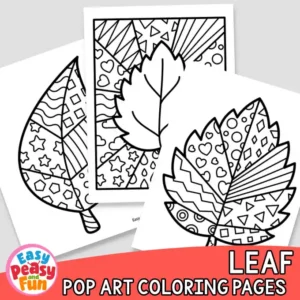 Three overlapping leaf pop art coloring pages featuring patterned designs.