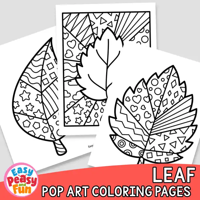 Three overlapping leaf pop art coloring pages featuring patterned designs.