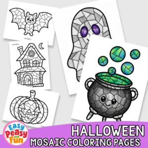 A collection featuring Halloween mosaic coloring sheets, including a flying bat, a haunted house, a jack-o'-lantern, a colored ghost, and a vibrant witch's cauldron.