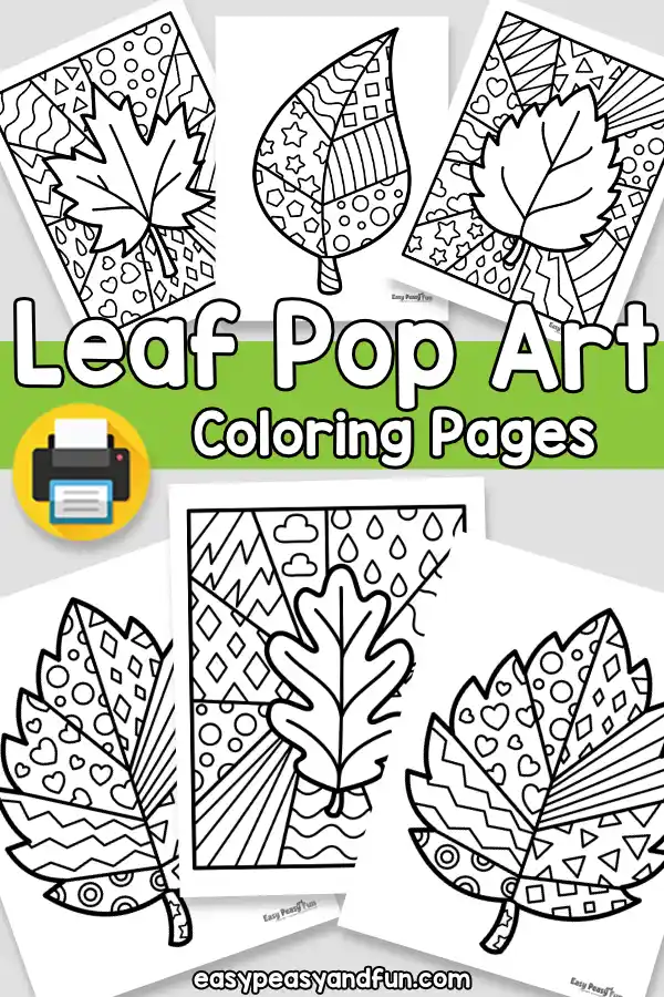 Six leaf pop art coloring pages displayed with geometric and patterned autumn designs.